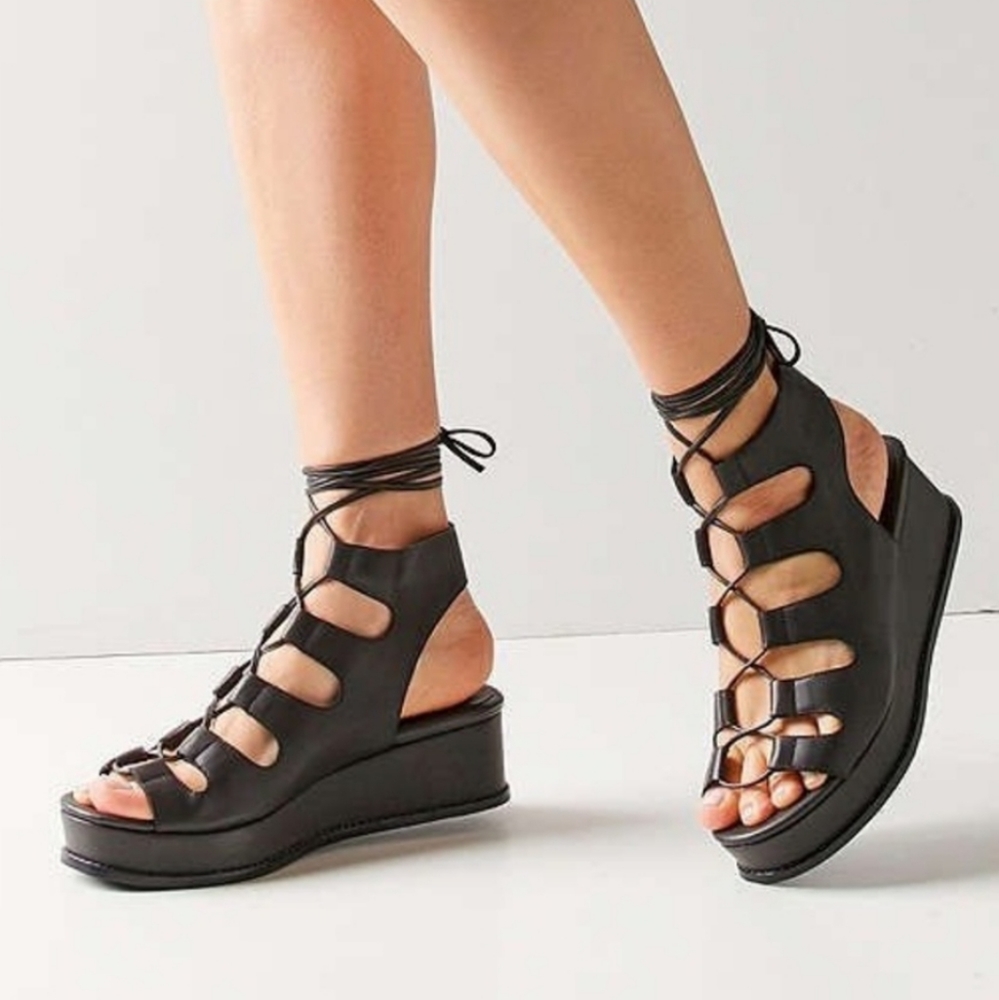 Jeffrey Campbell Black Lace-Up Gladiator Wedge Sandals